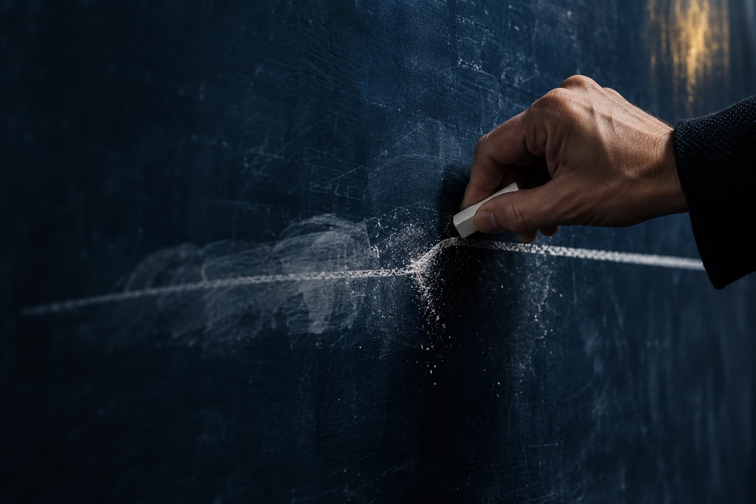 A hand drawing a chalk line across a dark board.