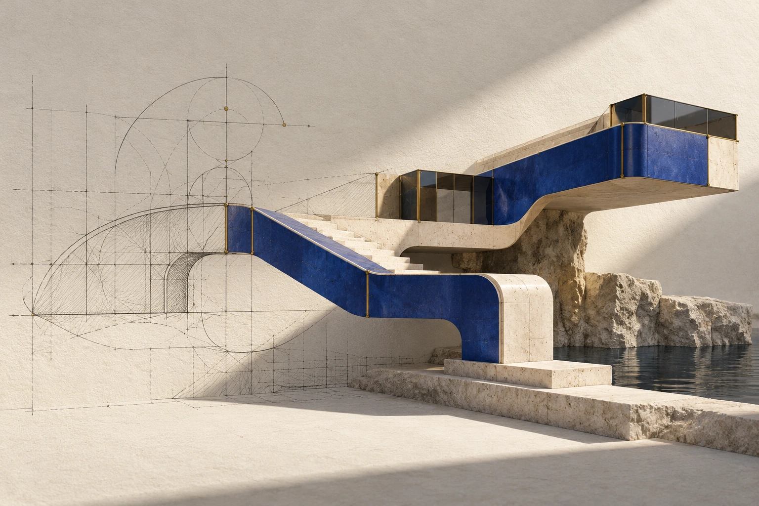 An imagined architectural drawing becomes a solid cobalt and limestone structure, with steps and a passage through it.