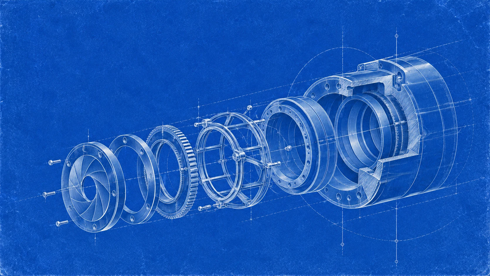 An exploded mechanical assembly: a detailed blueprint of how the parts fit together.