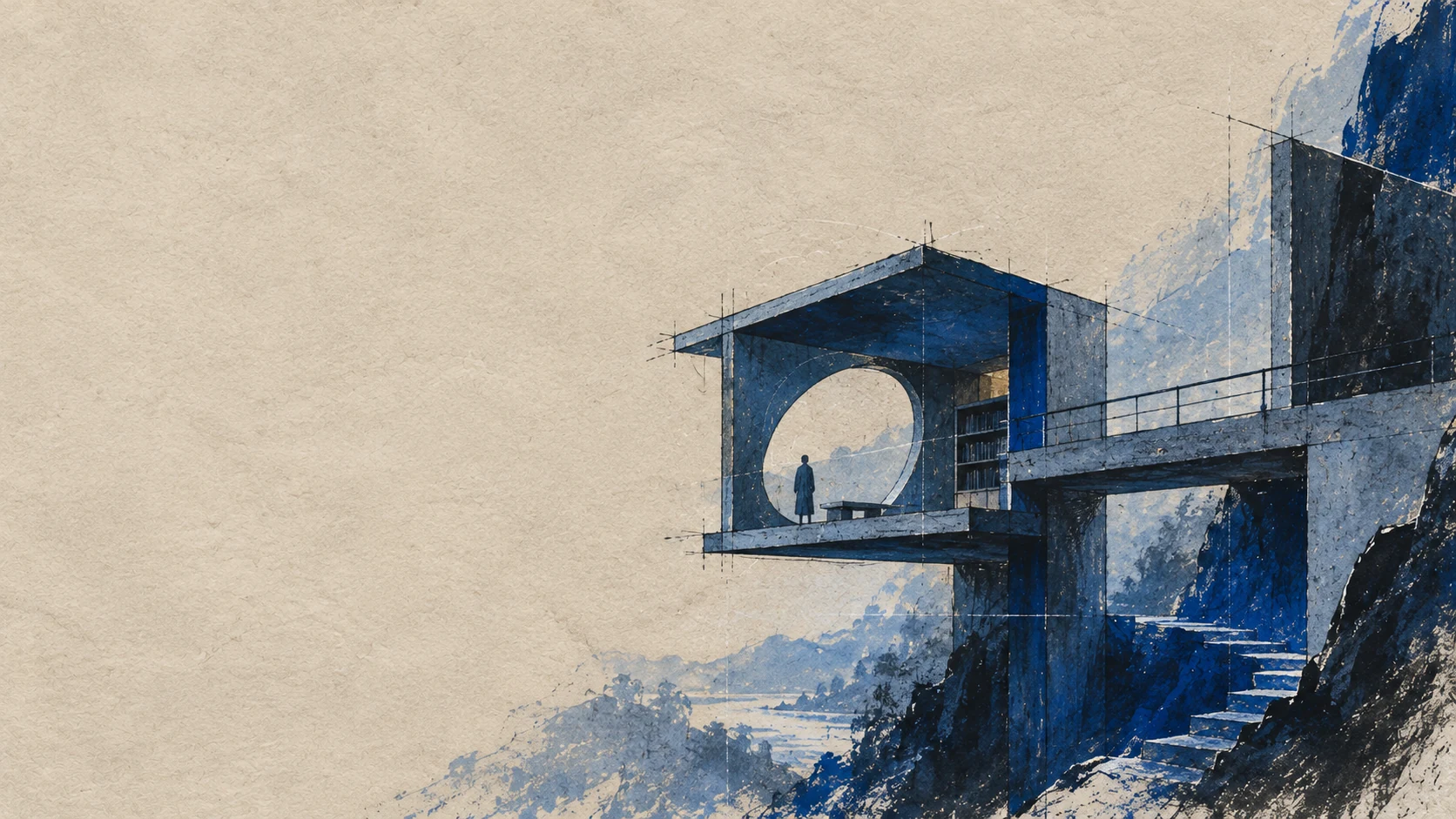 A weathered architectural composition with steps, a bridge and a circular opening
