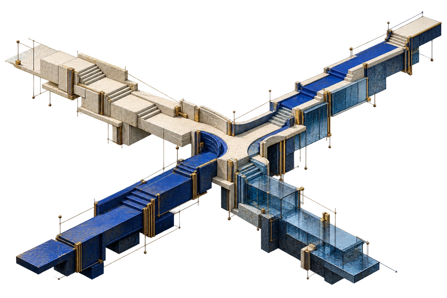 An imagined architectural structure: separate paths in chalk stone, cobalt metal and blue glass meet and continue together.